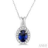 7x5 MM Oval Shape Sapphire and 1/6 Ctw Round Cut Diamond Pendant in 14K White Gold with Chain