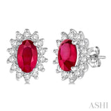 1/5 Ctw Round Cut Diamond and Oval Cut 5x3mm Ruby Center Sunflower Precious Earrings in 10K White Gold