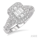 3/4 Ctw Wide Octagonal Mount Round Cut and Baguette Fusion Diamond Ring in 14K White Gold