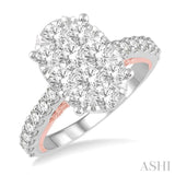 2 Ctw Oval Shape Lovebright Round Cut Diamond Ring in 14K White and Rose Gold