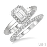 3/4 Ctw Round Cut Diamond Wedding Set With 5/8 ct Octagonal Mount Emerald Cut Engagement Ring and 1/6 ct Wedding Band in 14K White Gold