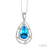 10x7mm Pear Shape Blue Topaz and 1/5 Ctw Round Cut Diamond Pendant in 14K White Gold with Chain