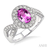 8x6mm Oval Cut Pink Sapphire and 3/4 Ctw Round Cut Diamond Ring in 14K White Gold
