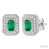 5x3 mm Octagon Cut Emerald and 1/4 Ctw Round Cut Diamond Earrings in 14K White Gold