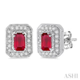 5x3 mm Octagon Cut Ruby and 1/4 Ctw Round Cut Diamond Earrings in 14K White Gold