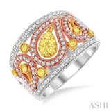 7/8 Ctw Round Cut Yellow and White Diamond Fashion Ring in 14K Tri Color Gold