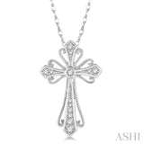 1/6 Ctw Vintage Cross Charm Round Cut Diamond Pendant With Link Chain in 10K White Gold