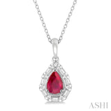 1/5 Ctw Pear Shape 6x4MM Ruby, Baguette and Round Cut Diamond Precious Pendant With Chain in 14K White Gold