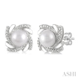 1/50 Ctw Swirl Round Cut Diamond & 6x6MM White Pearl Earring in Sterling Silver