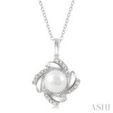 1/50 Ctw Swirl Round Cut Diamond & 7x7MM White Pearl Pendant With Chain in Sterling Silver
