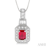 7x5mm Octagon Cut Ruby and 1/2 Ctw Round and Baguette Cut Diamond Pendant in 14K White Gold with Chain