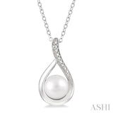 1/50 Ctw Drop Shape Round Cut Diamond & 7x7MM White Pearl Pendant With Chain in Sterling Silver