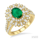 1 Ctw Lattice Oval Shape 8x6MM Emerald, Baguette and Round Cut Diamond Precious Ring in 14K Yellow Gold