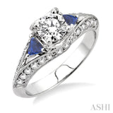 4x4MM Trillion Cut Sapphire and 1 1/5 Ctw Diamond Engagement Ring with 5/8 Ct Round Cut Center Stone in 14K White Gold