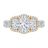 14K Two-Tone Gold Oval Cut Diamond Three-Stone Halo Engagement Ring (Semi-Mount)