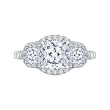 18K White Gold Cushion Cut Three-Stone Diamond Halo Engagement Ring (Semi-Mount)