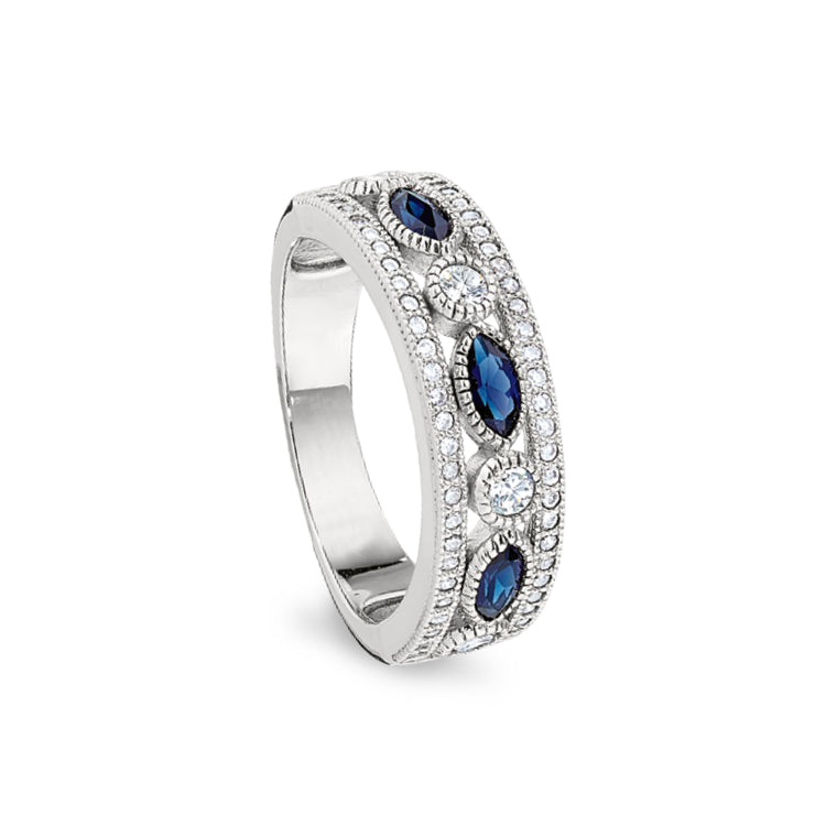 Platinum Finish Sterling Silver Micropave Vintage Ring With Synthetic Blue Sapphire & 58 Simulated Diamonds