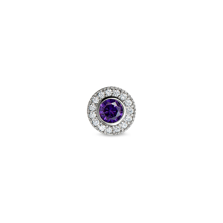 Platinum Finish Sterling Silver Micropave Round Simulated Amethyst Charm With Simulated Diamonds For Bl2300B