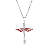 Platinum Finish Sterling Silver Micropave Angel Wings Cross With Simulated Garnet & Diamonds On 16" - 18" Adjustable Chain