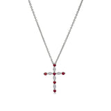 Platinum Finish Sterling Silver Simmulated Garnet Cross Pendant With Simmulated Diamonds On 16" - 18" Adjustable Chain