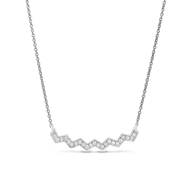 Platinum Finish Sterling Silver Micropave Ups And Downs Necklace With Simulated Diamonds - 16" - 18" Adjustable Chain