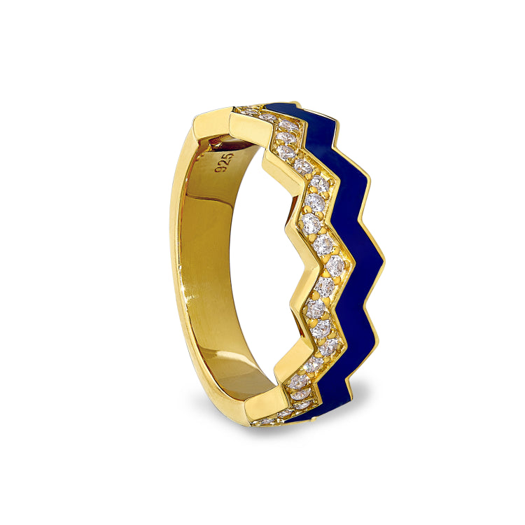 Gold Vermeil Sterling Silver Micropave Ring With With Navy Enamel And Simulated Diamondss