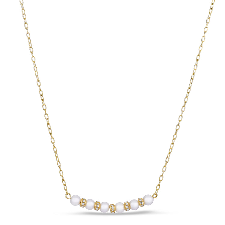 Gold Finish Sterling Silver Micropave Pearl And Simulated Diamond Necklace - Adjustable 18"-20"