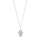 Platinum Finish Sterling Silver Micropave Hamsa Hand With Evil Eye Pendant With  Simulated Diamonds On 18" Fine Cable Chain