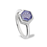 Platinum Finish Sterling Silver Flat Hexagon Synthetic Tanzanite Ring With Simulated Diamonds - Size 6