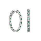 Platinum Finish Sterling Silver Micropave Hoop Earrings With Simulated Emeralds And Simulated  Diamonds