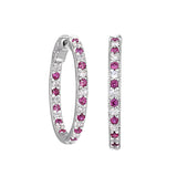 Platinum Finish Sterling Silver Micropave Hoop Earrings With Simulated Rubies And Simulated  Diamonds