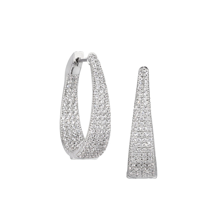 Platinum Finish Sterling Silver Micropave Hoop Earrings With Graduated Simulated Diamonds