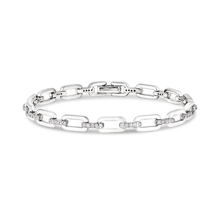 Platinum Finish Sterling Silver Micropave Open Links Bracelet With Simulated Diamonds.  - 7.5"