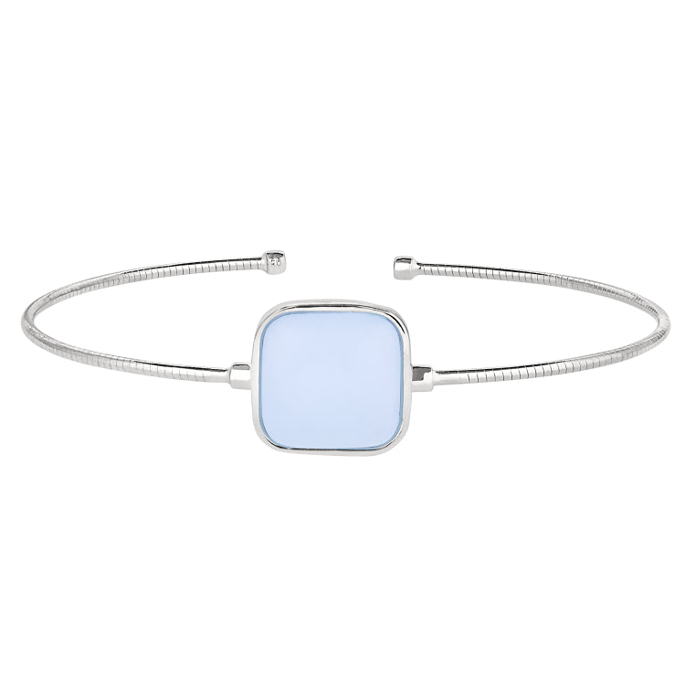 Rhodium Finish Sterling Silver Rounded Omega Cable Cuff Bracelet With A Square Aqua Marine Murano Glass Stone