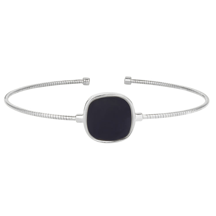 Rhodium Finish Sterling Silver Rounded Omega Cable Cuff Bracelet With A Cushion Cut Black Murano Stone
