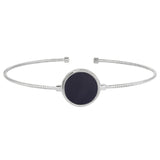 Rhodium Finish Sterling Silver Rounded Omega Cable Cuff Bracelet With A Round Black Murano Stone