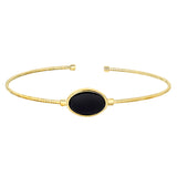 Gold Finish Sterling Silver Rounded Omega Cable Cuff Bracelet With An Oval Black Murano Stone