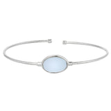 Rhodium Finish Sterling Silver Rounded Omega Cable Cuff Bracelet With An Oval Light Blue Murano Stone
