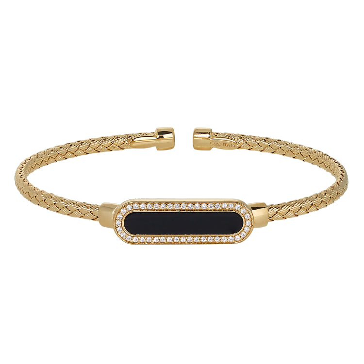 Gold Finish Sterling Silver Basketweave Cable Cuff  Bracelet With An Oval With Simulated Diamonds And An Onyx Stone