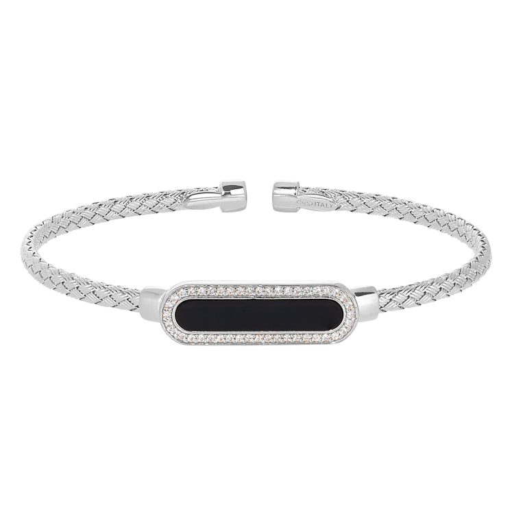 Rhodium Finish Sterling Silver Basketweave Cable Cuff  Bracelet With An Oval With Simulated Diamonds And An Onyx Stone