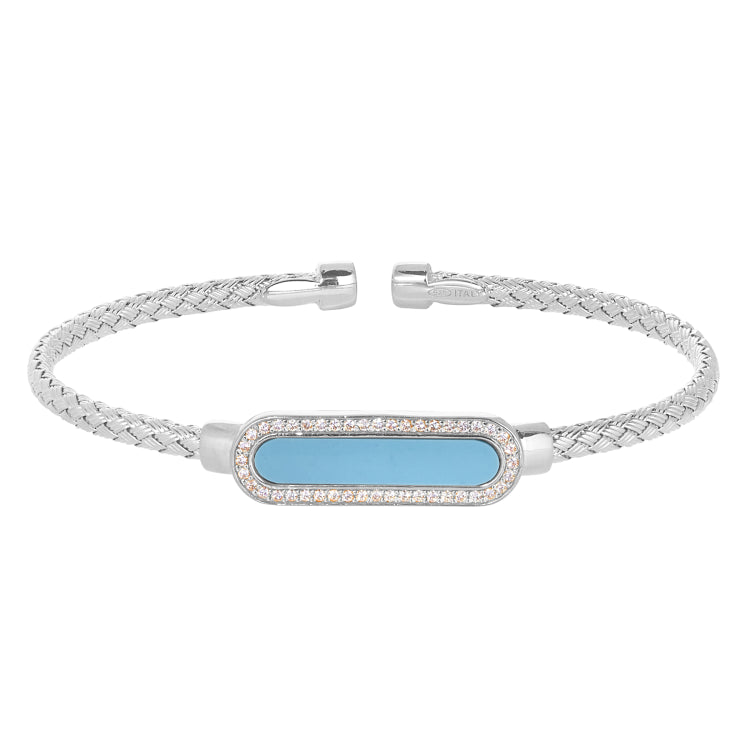 Rhodium Finish Sterling Silver Basketweave Cable Cuff  Bracelet With An Oval With Simulated Diamonds And A Turquois Stone