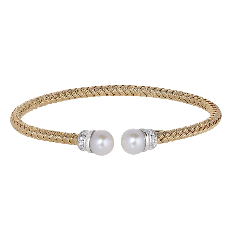 Gold Finish Sterling Silver Basketweave Cable Cuff  Bracelet With Rhodium Finish Ends With Simualated Diamonds And A Pearl