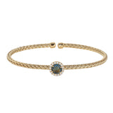 Gold Finish Sterling Silver Basketweave Cable Cuff  Bracelet With A Round Blue Stone And Simulated Diamonds