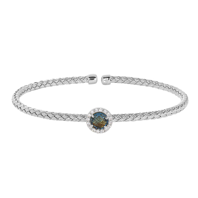Rhodium Finish Sterling Silver Basketweave Cable Cuff  Bracelet With A Round Blue Stone And Simulated Diamonds