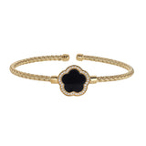 Gold Finish Sterling Silver Basketweave Cable Cuff  Bracelet With A Flower Shaped Onyx Stone And Simulated Diamonds