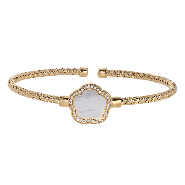 Gold Finish Sterling Silver Basketweave Cable Cuff  Bracelet With A Flower Shaped Mop Stone And Simulated Diamonds