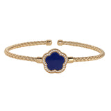 Gold Finish Sterling Silver Basketweave Cable Cuff  Bracelet With A Flower Shaped Navy Stone And Simulated Diamonds