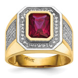 14k w/Rhodium CZ & Emerald-cut Red CZ Mens Ring