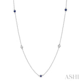 3/8 ctw Round Cut Diamond and 2.6MM Sapphire Precious Station Necklace in 14K White Gold